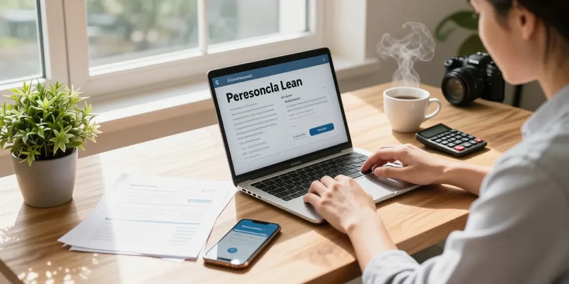 The image showcases a person exploring a $2000 loan in a cozy home office, with financial documents, a laptop, and a warm atmosphere.