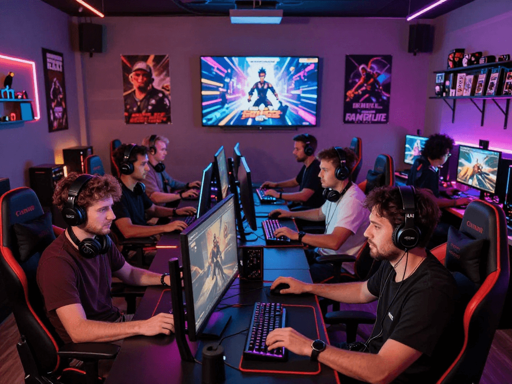 Group enjoying real porn games in dynamic gaming lounge atmosphere with neon lights and gaming gear.