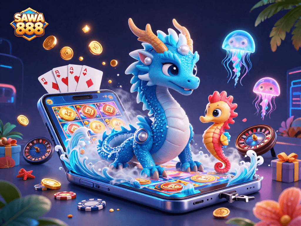 Engage with SAWA 888's dynamic slot games featuring an azure water dragon and exciting casino elements.