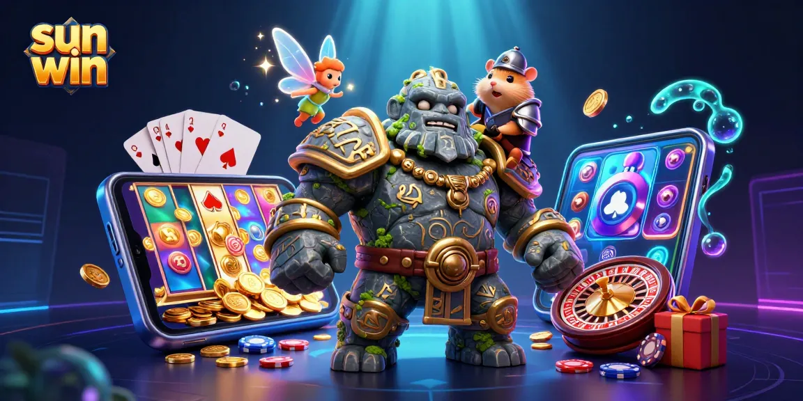 Engage with sun win on colorful slot games featuring golems and magic in a vibrant 3D scene.