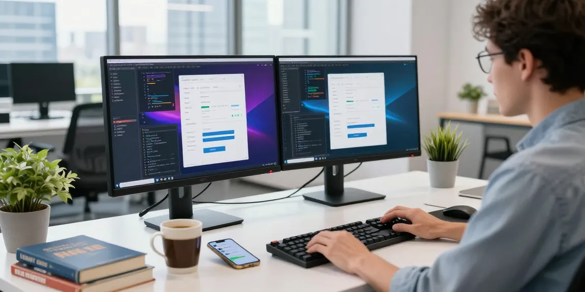 WhatsApp下載 scene showing a developer working in a modern tech workspace with dual monitors and coding.