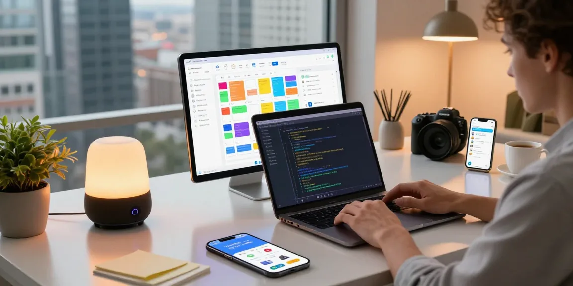AI assistant enhancing productivity in a modern tech workspace with multiple gadgets and coding interface.