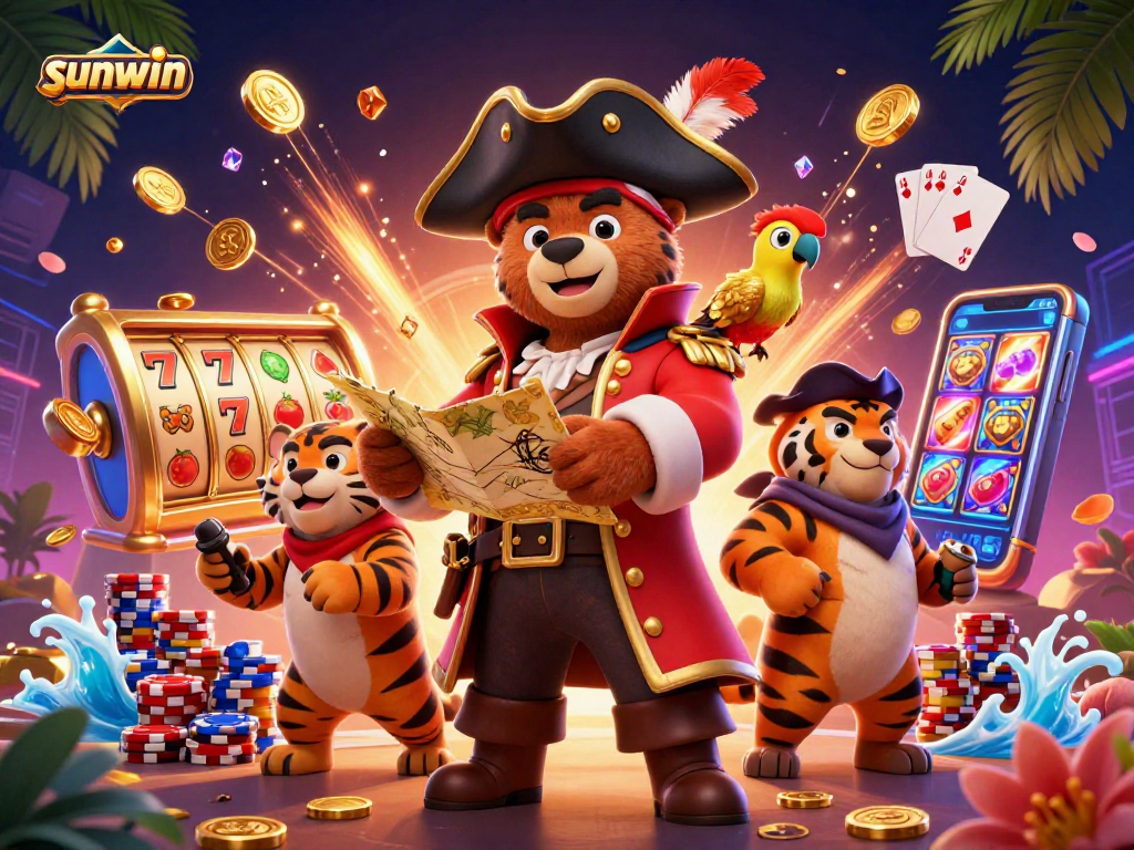 Spin the reels and explore fortune with sunwin featuring a playful pirate bear and adventurous characters.