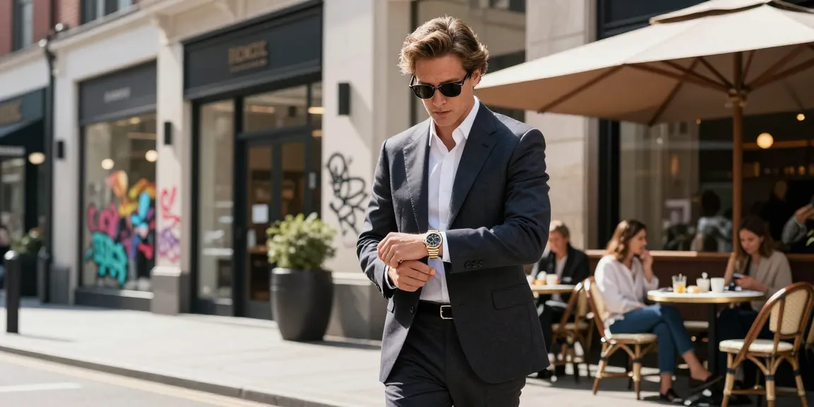 Fashionable individual showcasing a rolex super clone watch in an urban street setting.