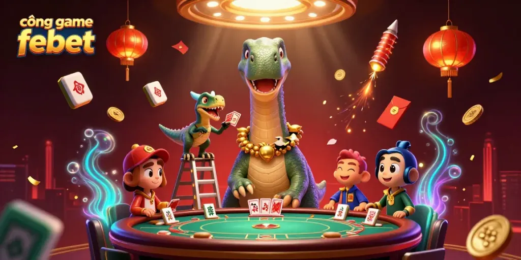 Engage in the vibrant scene of cổng game febet, showcasing a tall brontosaurus and clever raptor in a dynamic casino illustration.