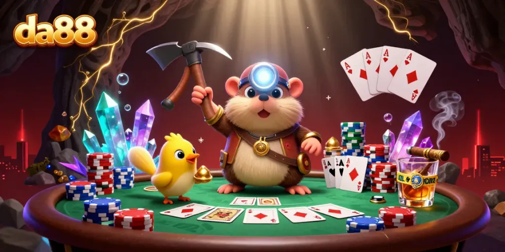 Experience thrilling gameplay with da88 at a vibrant casino scene full of poker elements and glowing treasures.
