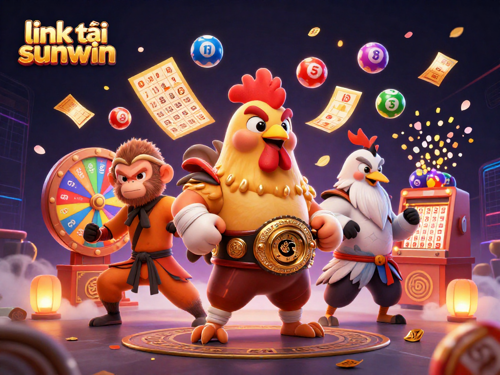 Experience excitement with link tải sunwin, featuring a dynamic illustration of casino characters in action.