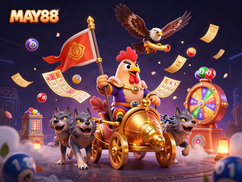 MAY88 captivates with a dynamic scene showcasing vibrant gambling elements and characters.