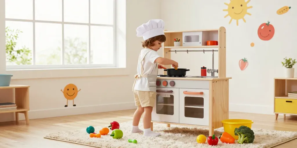 A creative kids kitchen with a child playing chef, colourful toys, and bright daylight.