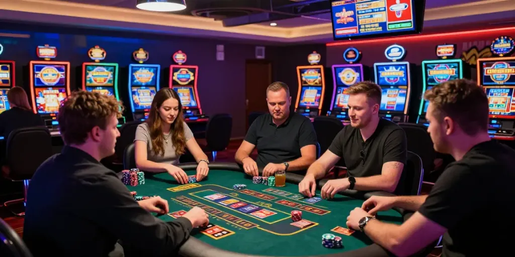 Captivating atmosphere of credit card casinos UK, with players engaged at gaming tables and dynamic slot machines.