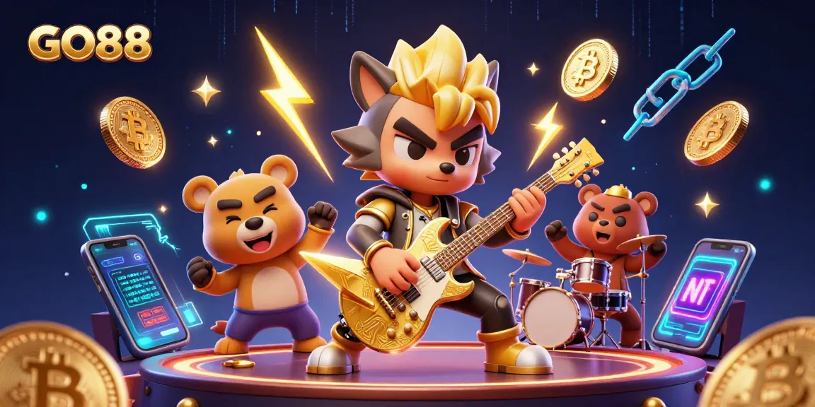 Experience the thrill of GO88 with dynamic casino action featuring 3D cartoon characters and cryptocurrency elements.