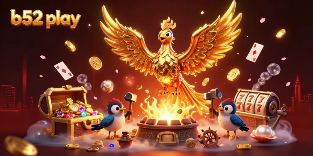 Engage in the excitement of b52 play with a vibrant 3D illustration showcasing a golden phoenix, depicting thrilling casino elements.