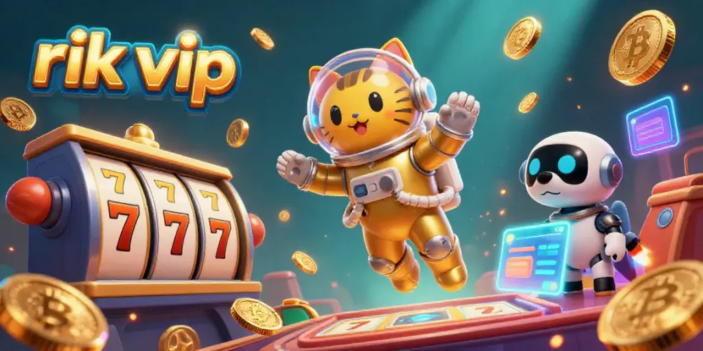 Engage with rik vip in a thrilling casino atmosphere featuring fun characters and vibrant game elements.