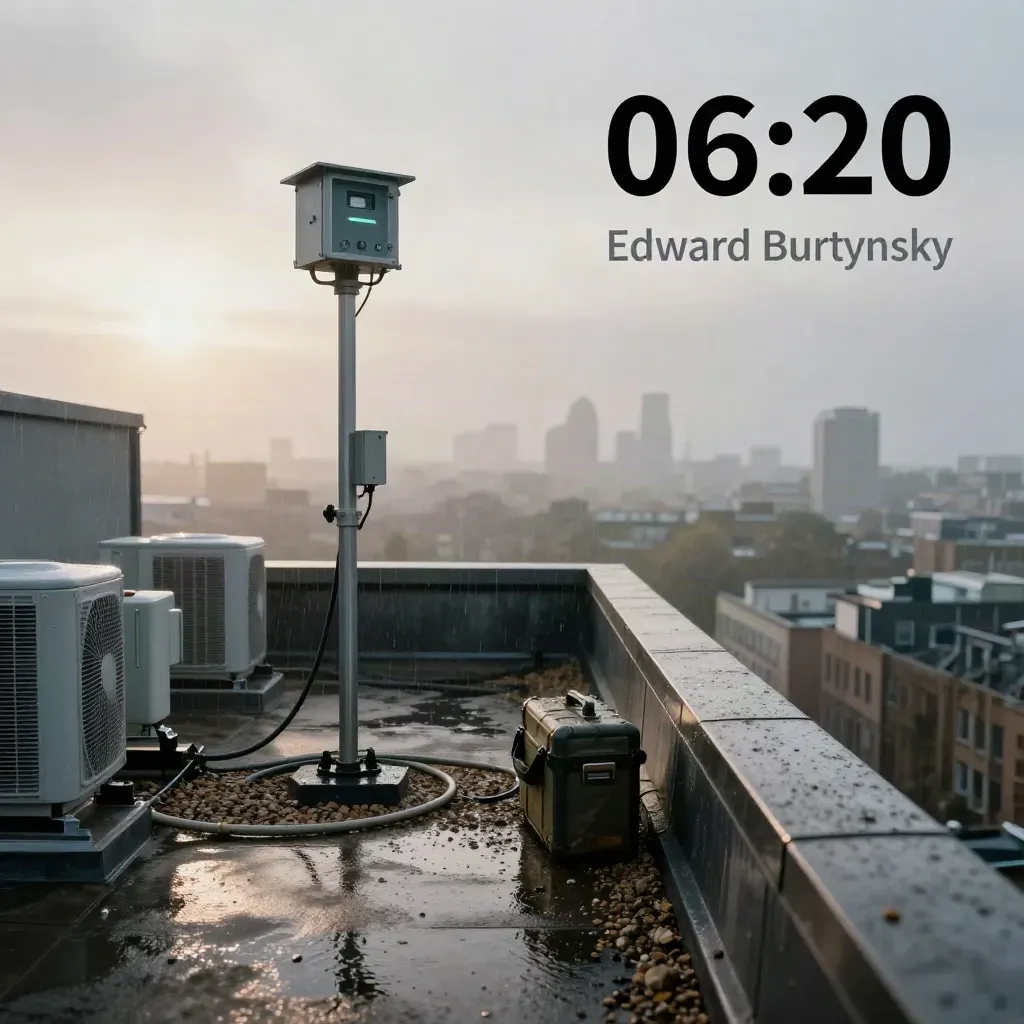 Rooftop air-monitoring mast beside wet HVAC units in misty dawn light over London skyline.