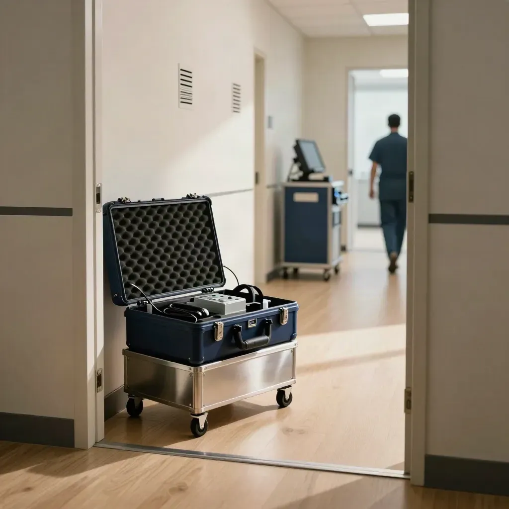 Open monitoring case by a doorway, with vents and a trolley in a bright office corridor.
