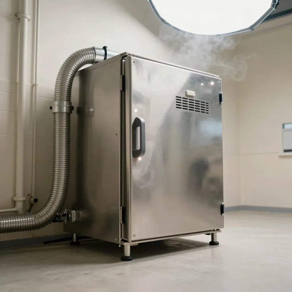 Ozone treatment cabinet with ducts and grille in a hazy plant room after commissioning