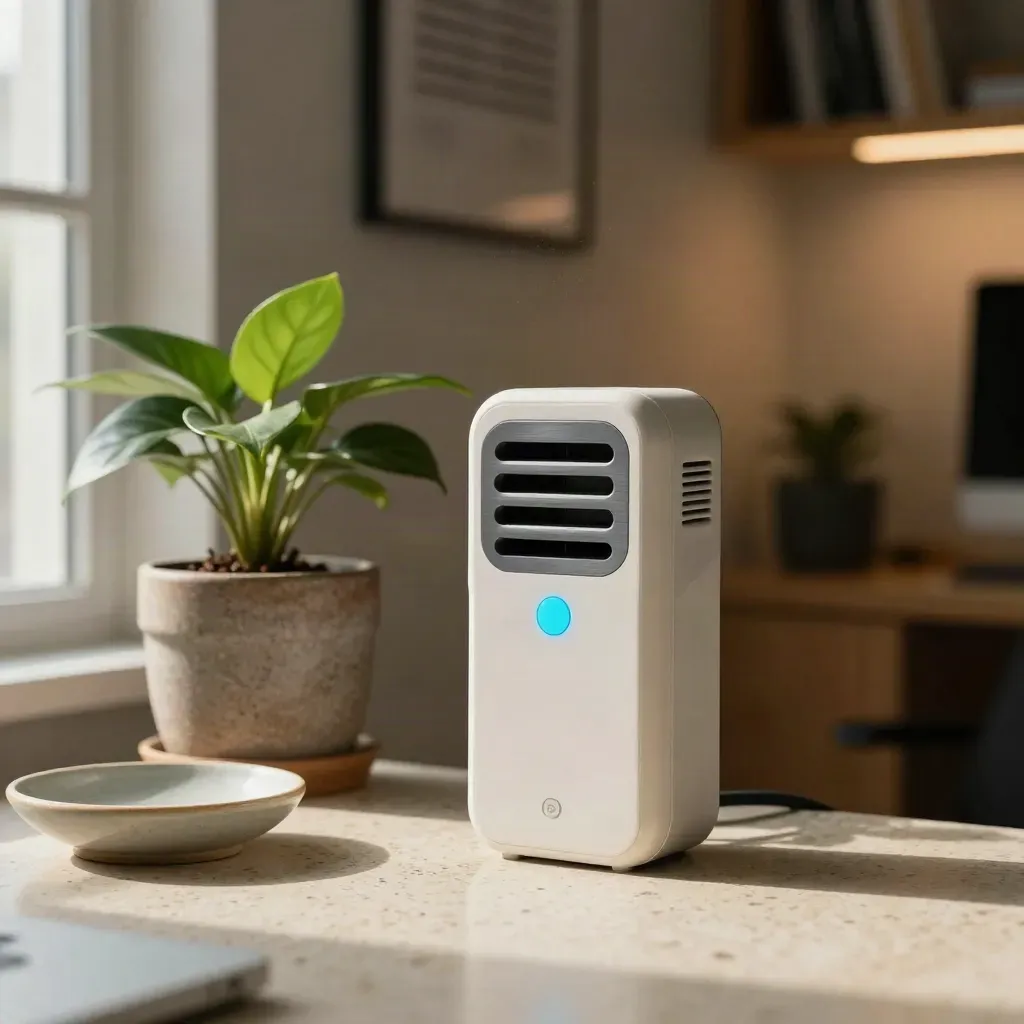 Air tester by a potted plant on a pale worktable in a sunny staff room