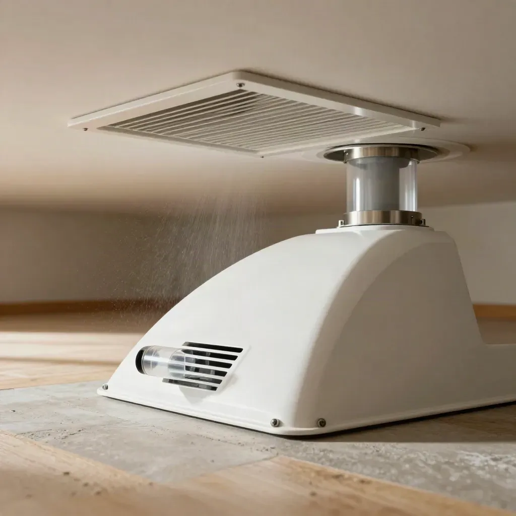 Airflow hood under ceiling vents in an empty workspace, with air visibly pulling upward.