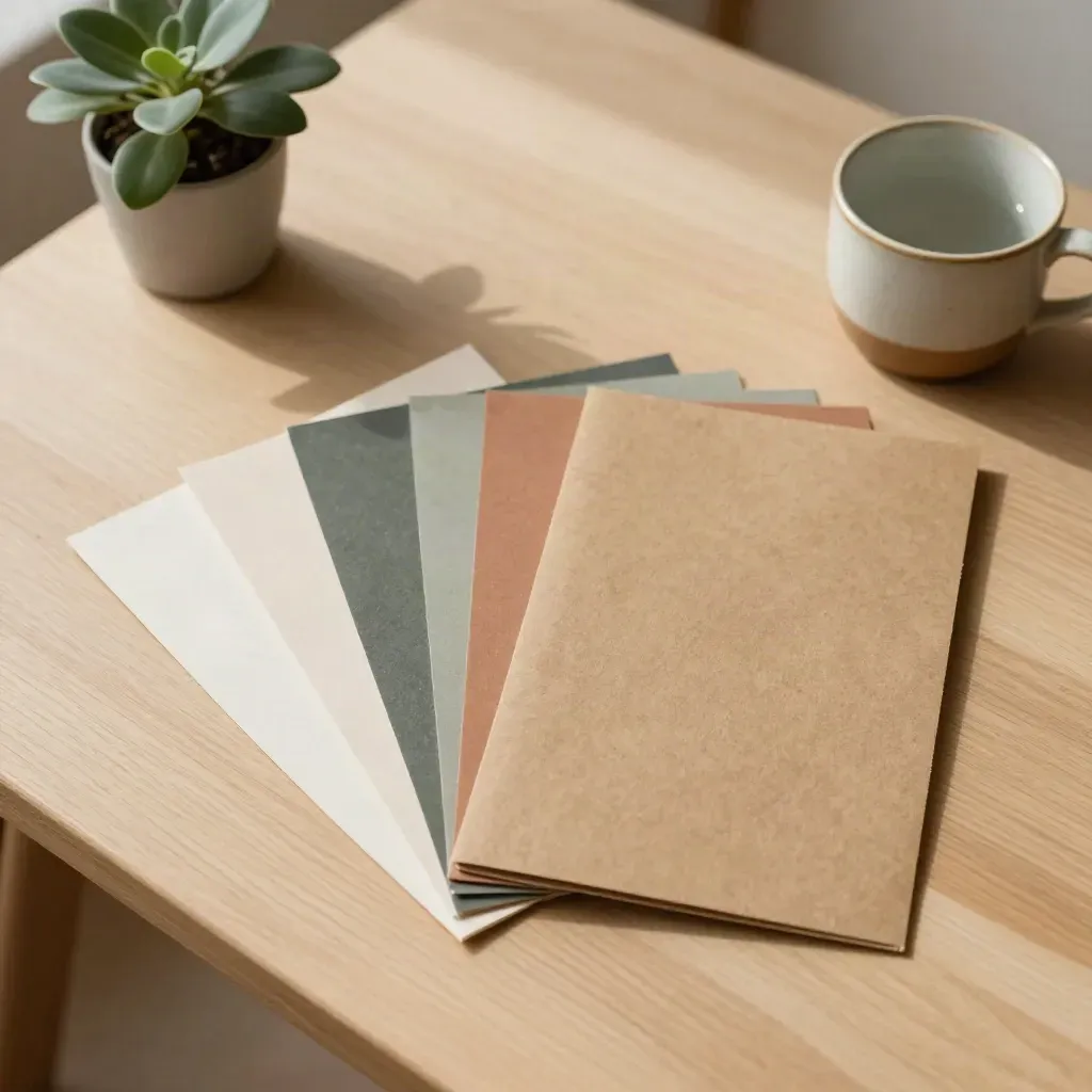 Recycled-paper advisory pack with swatches, plant, and ceramic cup on a pale wood table