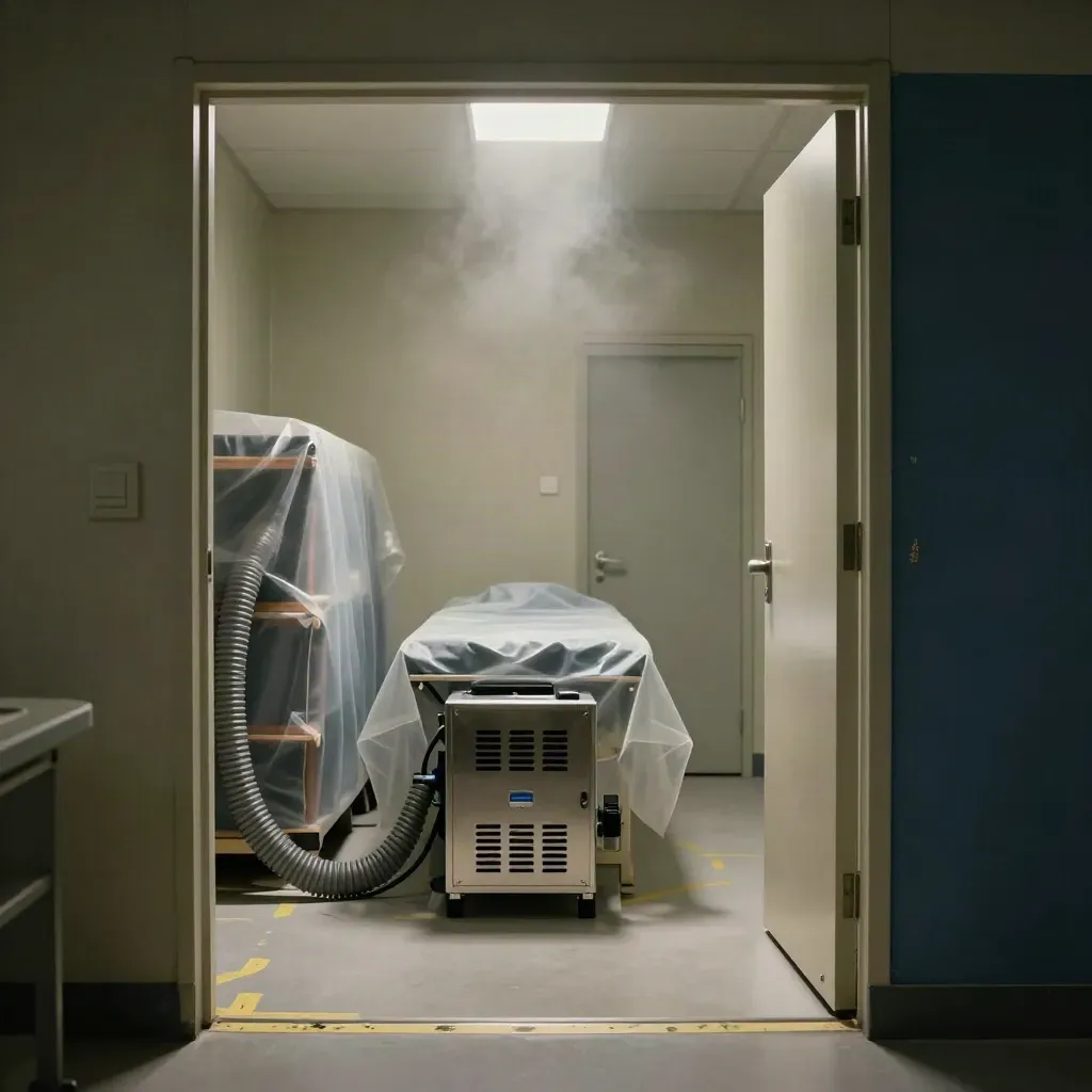 Ozone generator running in a sealed storeroom with covered furniture and a closed door