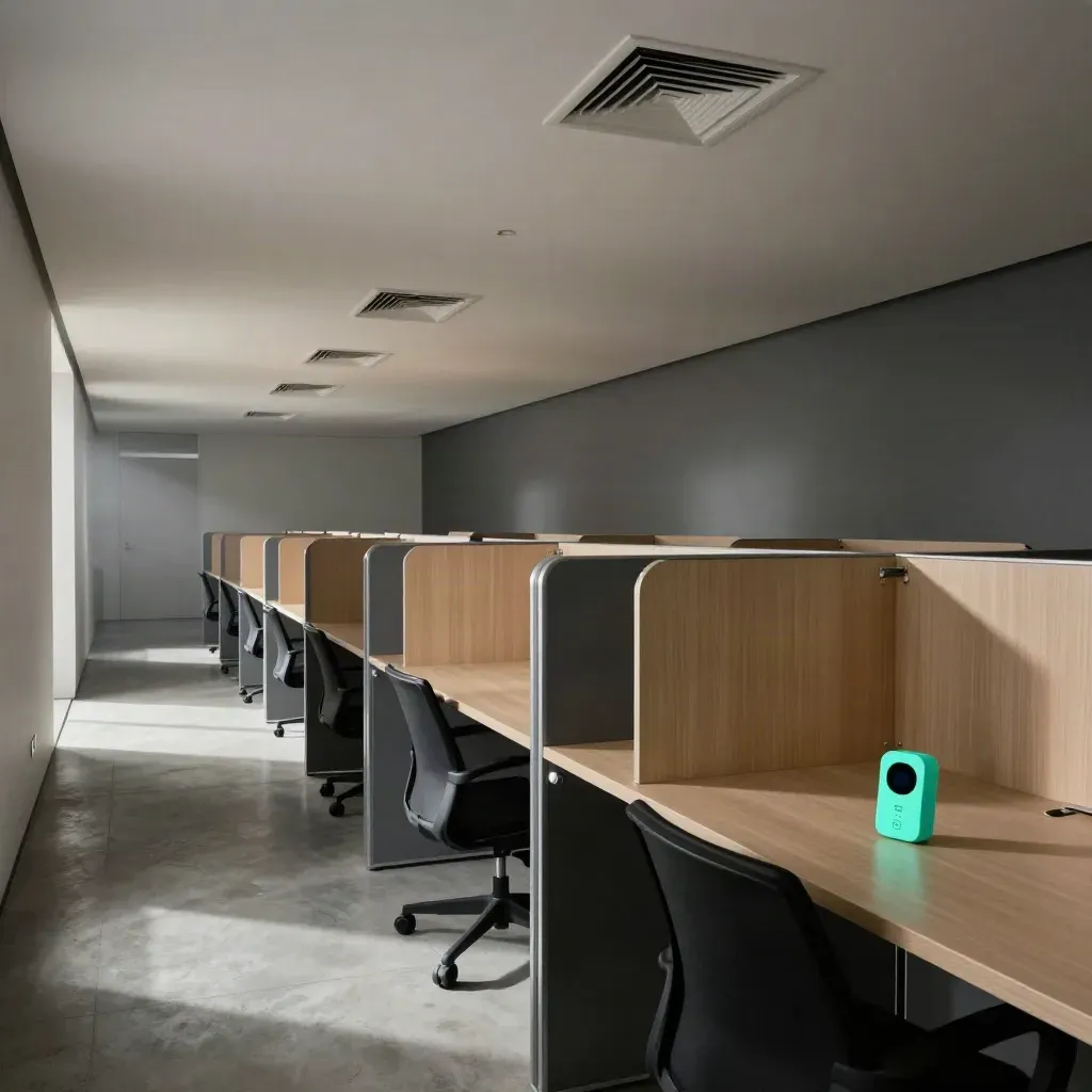 Empty open-plan office with vents, grille, and teal air logger in dramatic after-hours light.