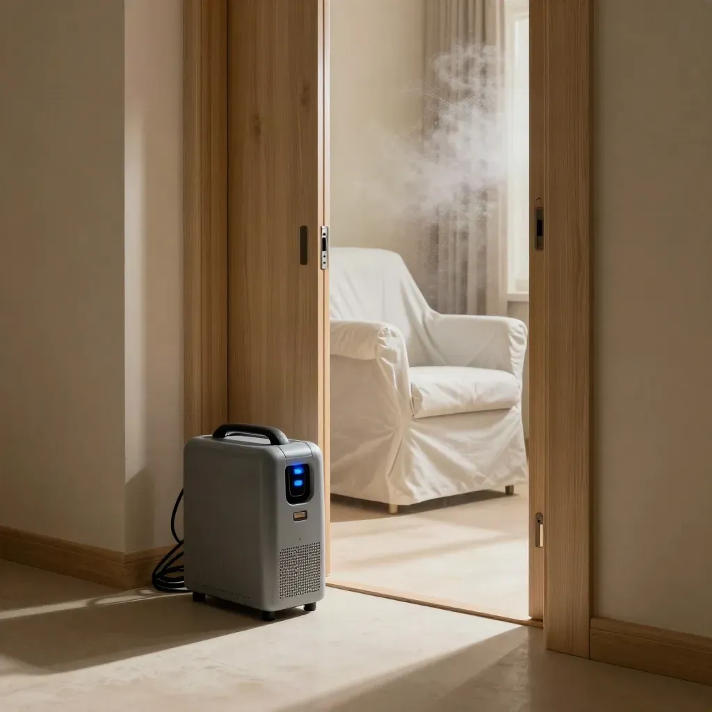 Sealed ozone-treated room with covered armchair and glowing generator by a sealed door.