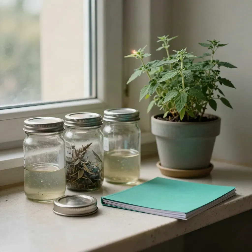 Sample jars, herb plant and advice folder arranged on a pale stone shelf in soft window light.