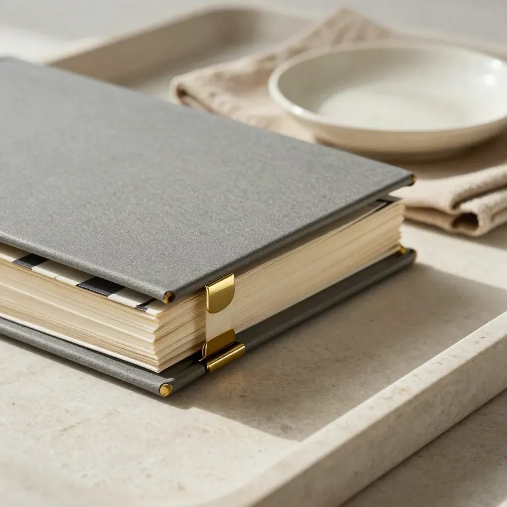 Macro of an emissions log binder with tabs, brass clip, cloth and dish on a stone tray.