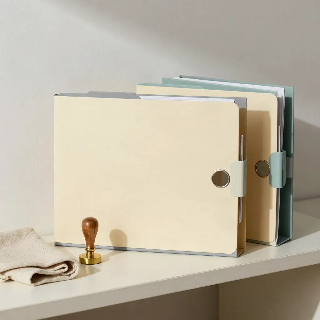 Cream audit folders with a brass stamp and linen cloth on a pale shelf