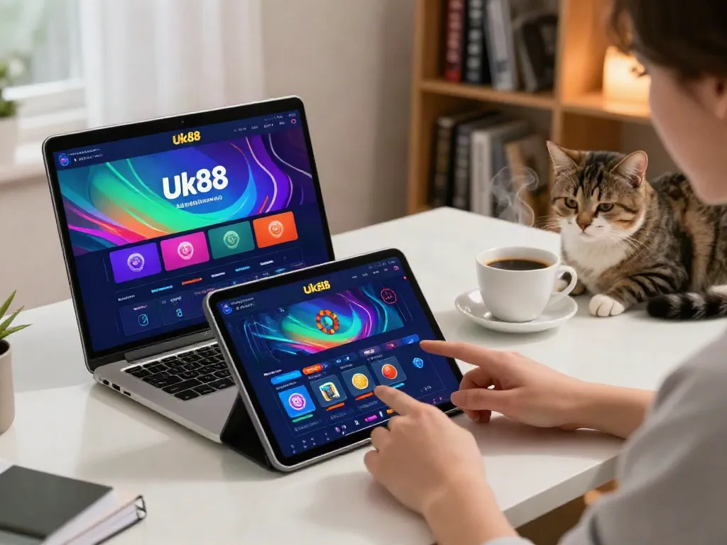 Engaging online gambling experience with Uk88 platform on tablet in a stylish home office.