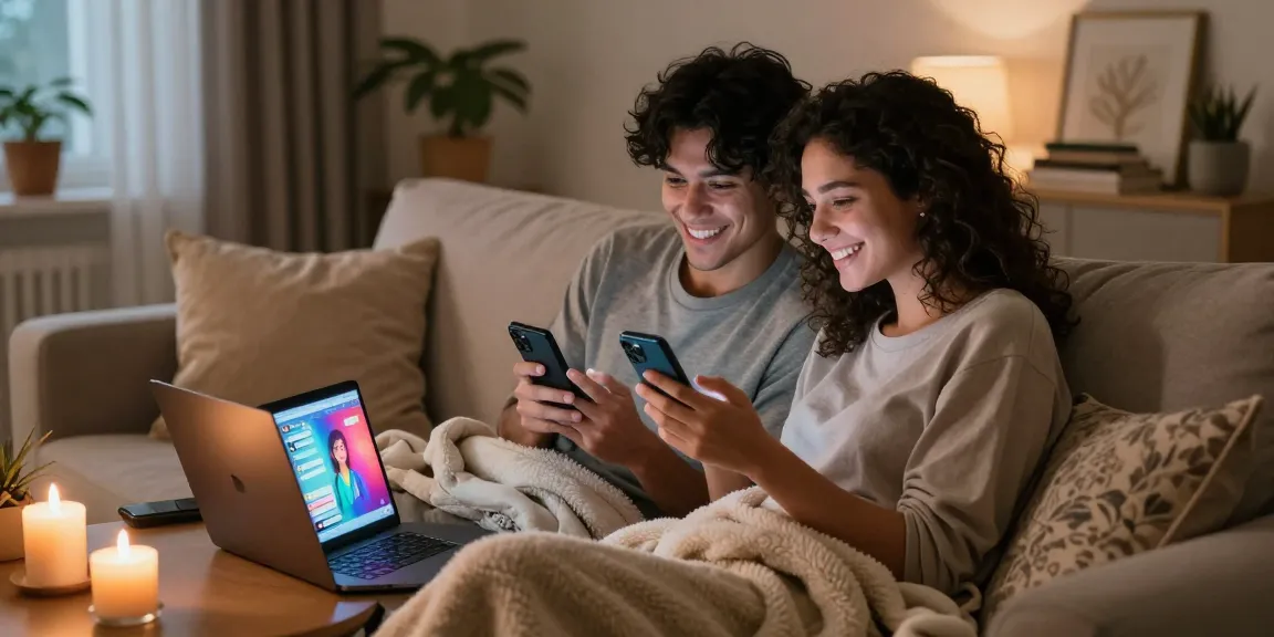 Couple enjoying ai sexting on smartphones in a cozy home setting.