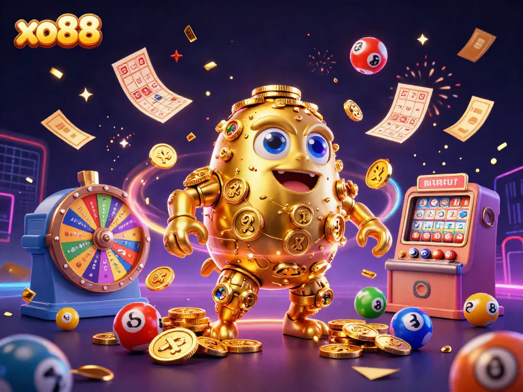 Experience the excitement of xo88 as golden coins, dazzling lottery balls, and festive energies collide in vibrant gaming scenes.
