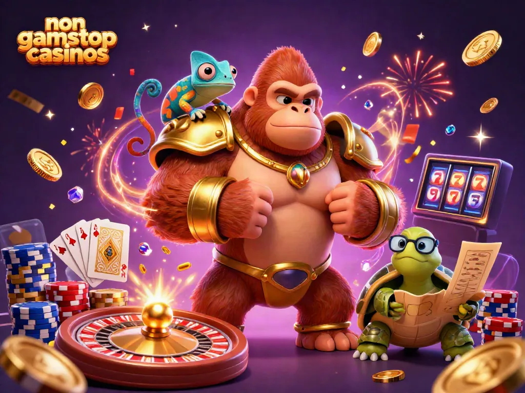 Explore non gamstop casinos with dynamic characters amid coins and cards in a vibrant casino scene.