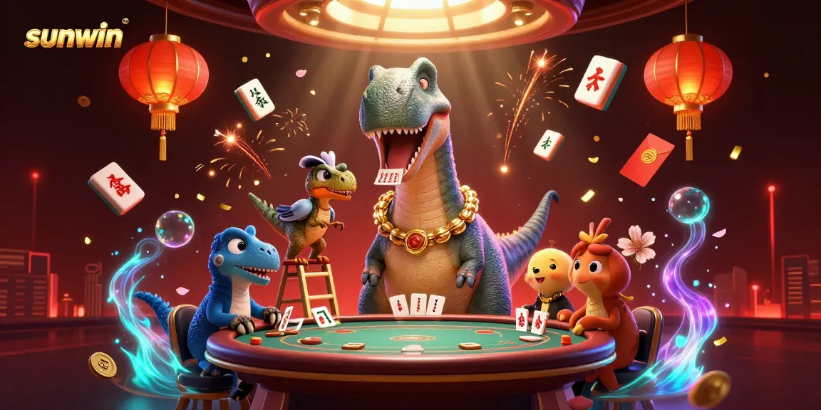 Experience the fun of sunwin with a vivid 3D scene featuring a cartoon dinosaur interacting with poker.