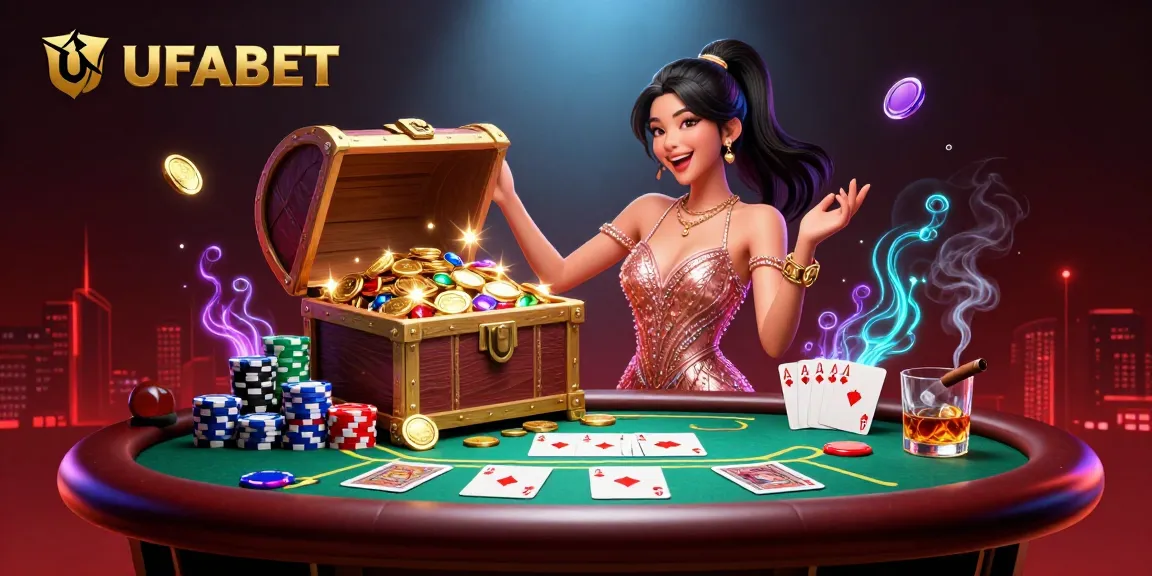 Place bets on exciting slots and cards at UFABET, illustrated with a joyful woman and rich casino elements.