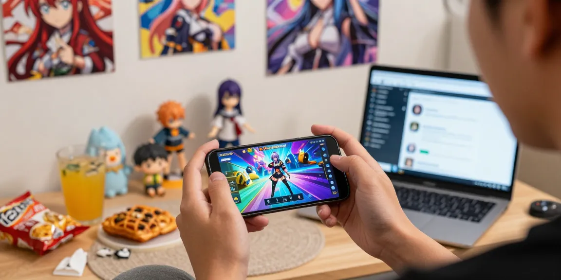 Player enjoying free mobile hentai games on smartphone surrounded by anime decor, creating an engaging atmosphere.