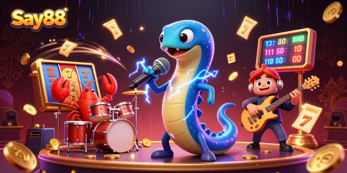 Say88 showcases an action-packed underwater casino scene with a DJ electric eel and vibrant gambling elements.