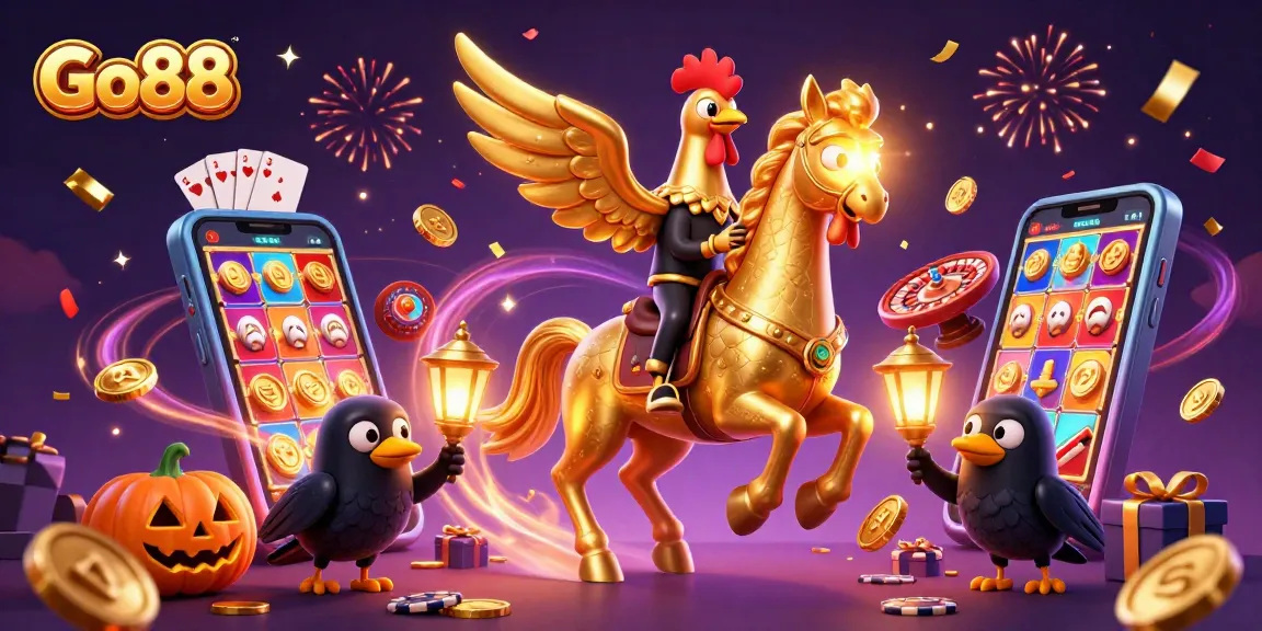 Experience thrilling gaming with Go88 in this animated casino scene featuring slot games, cards, and festive elements.