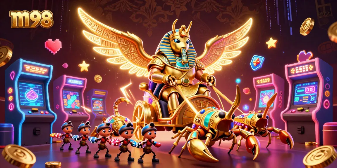 Engage in thrilling gaming adventures with m98, featuring a mystical beetle pulling a chariot amidst vibrant casino elements.
