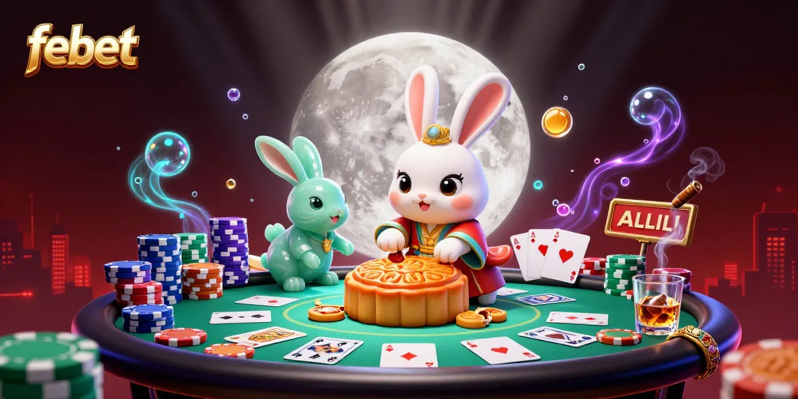 Engage with febet's immersive online gaming experience, showcasing vibrant poker elements and lunar folklore.