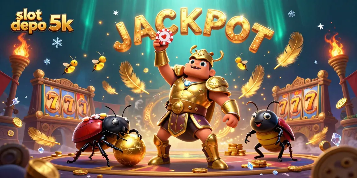 Engage with slot depo 5k as a hercules beetle celebrates a poker win amidst thrilling casino elements.