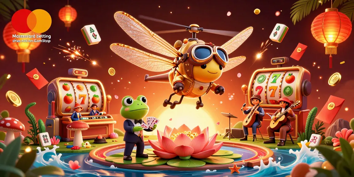 Engage with Mastercard betting sites not on GamStop in a vibrant 3D casino scene featuring dragonfly pilot and adorable frog dealer.