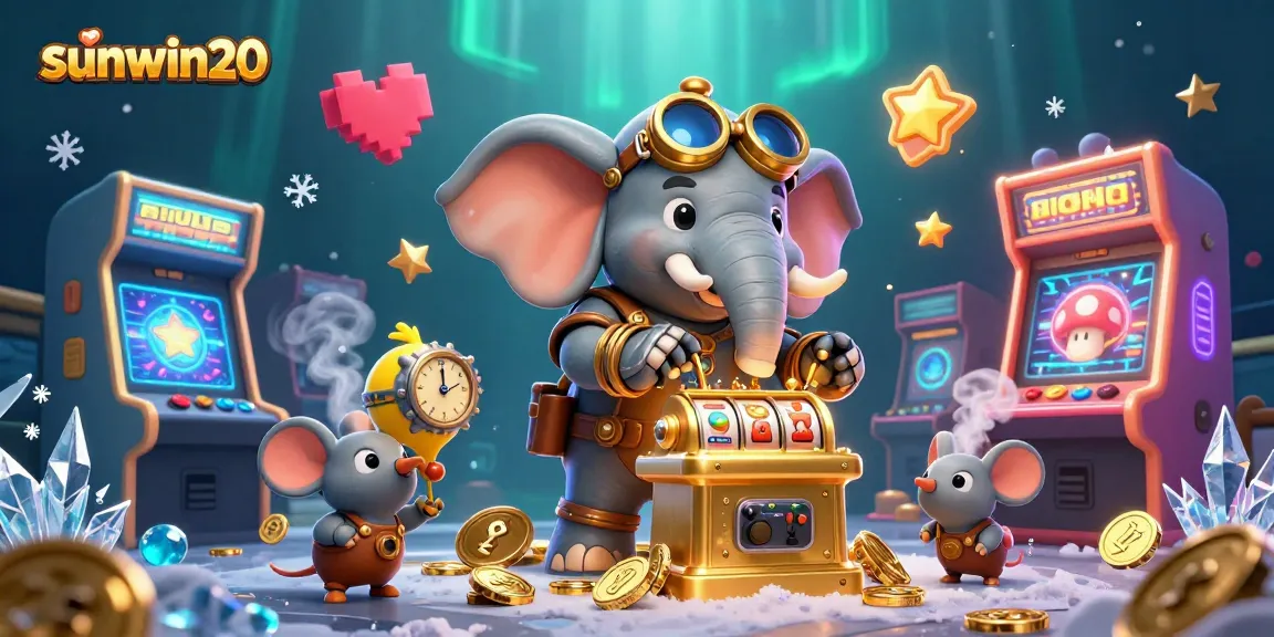 Spin the sunwin20 slot machine with a steampunk elephant engineer amidst colorful gaming elements.