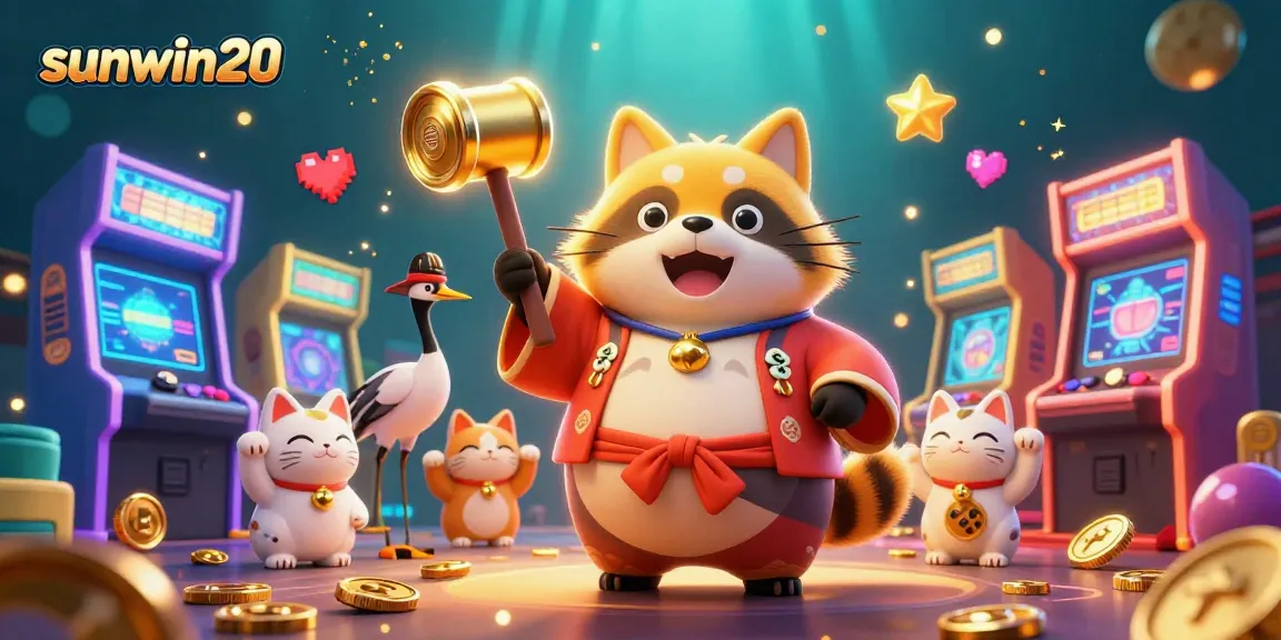 Experience sunwin20 with vibrant gaming elements and cheerful mascots in a lively 3D casino illustration.